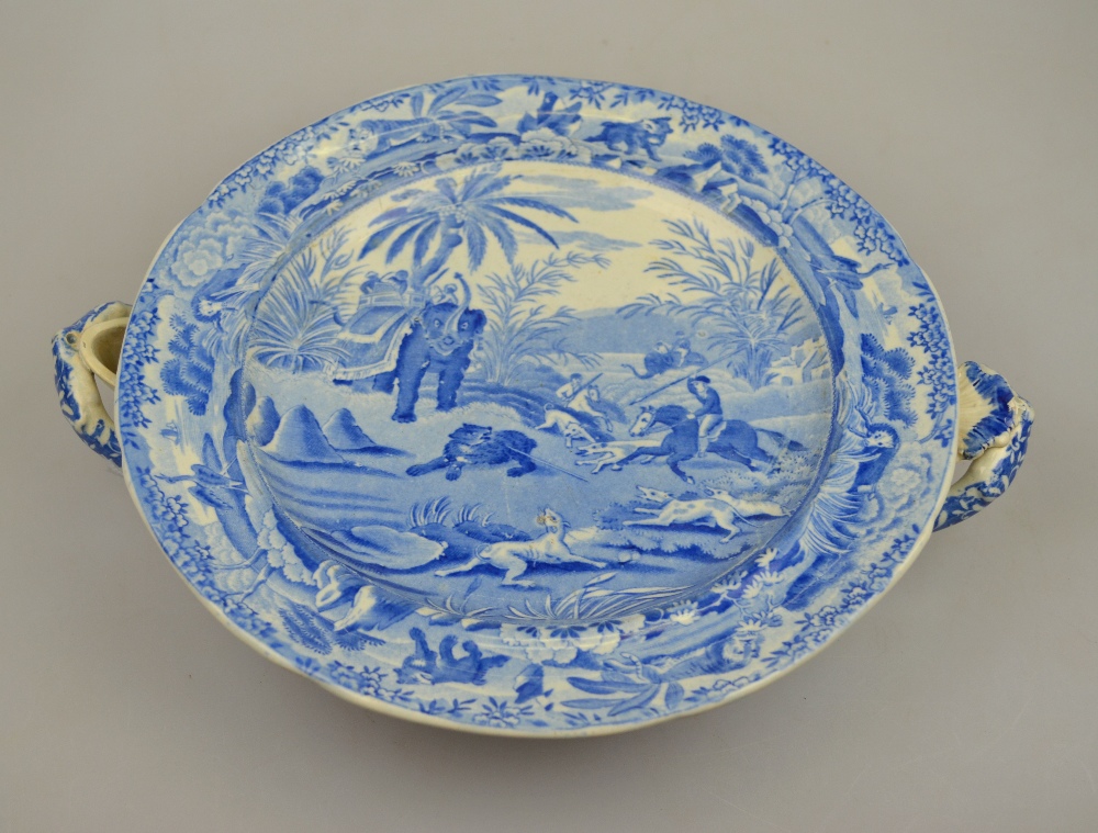 Spode  blue and white transfer decorated warming plate, 'Death of the Bear' pattern, 19th century