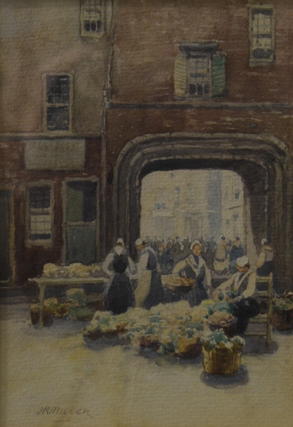 J.R. Miller - Breton women at market, watercolour, signed, 17 x 12 cm