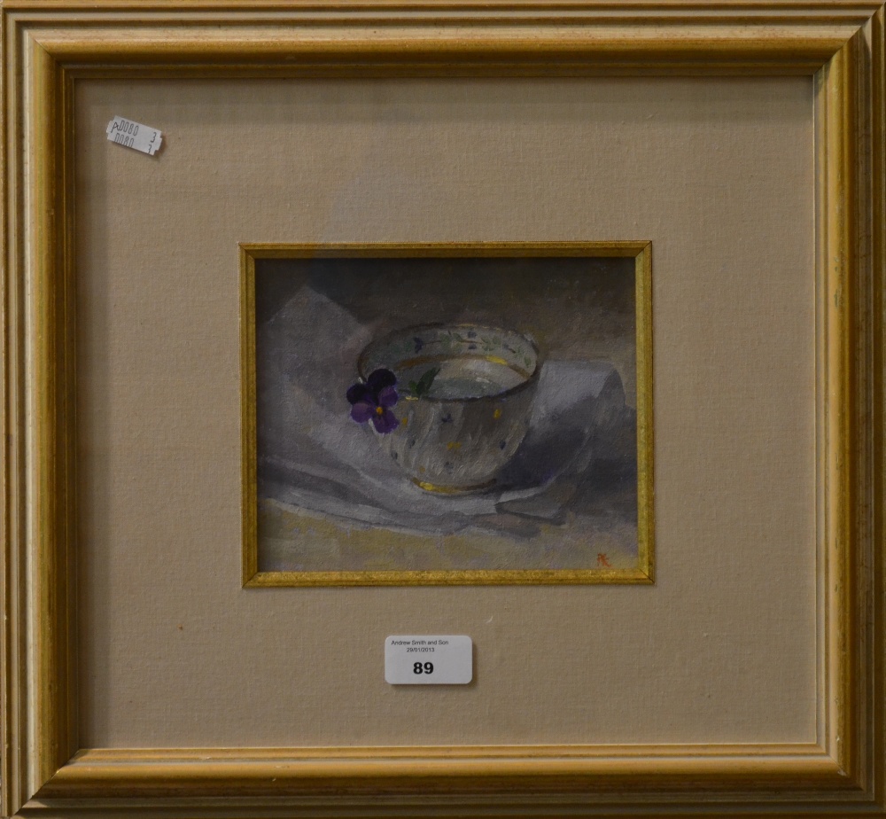 Pamela Kay (b. 1939) - 'Cup and Viola', still life, oil on board, signed with initials, 14 x 16.5