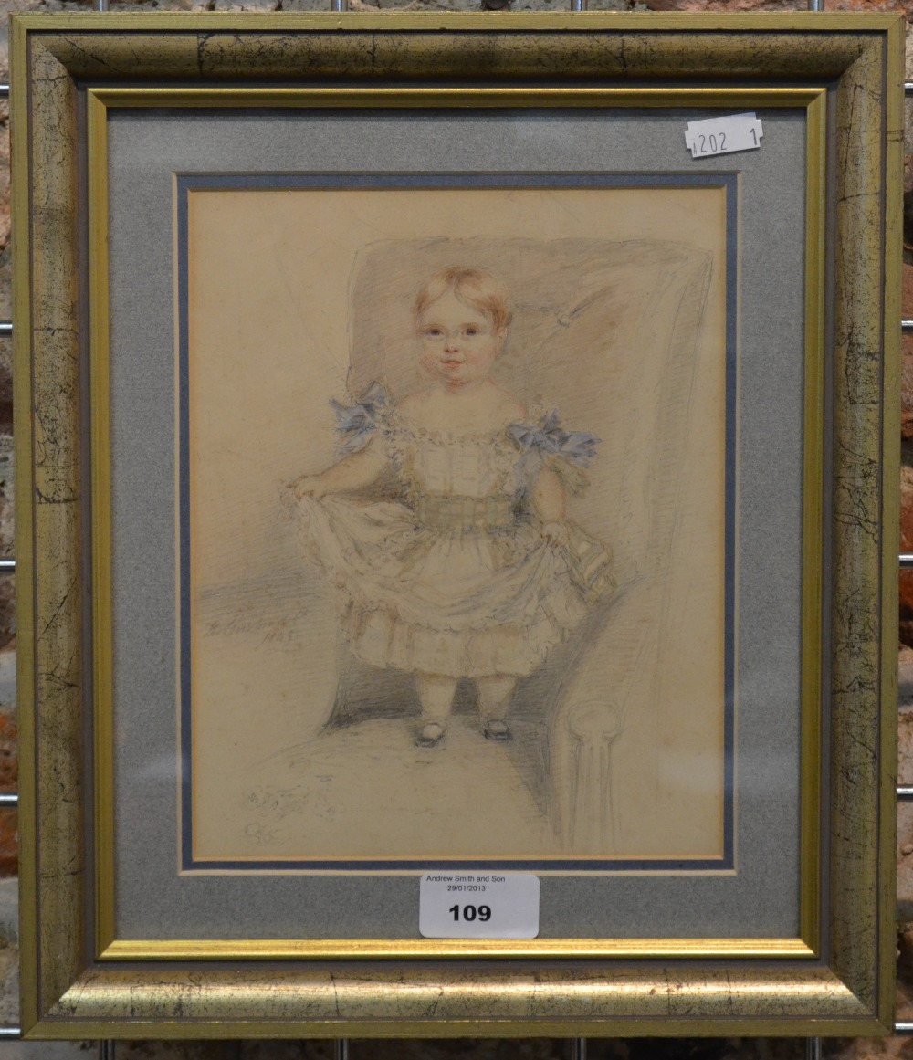 Thomas Overton - Portrait sketch of a young child, pencil with wash, signed and dated 1849, 22 x