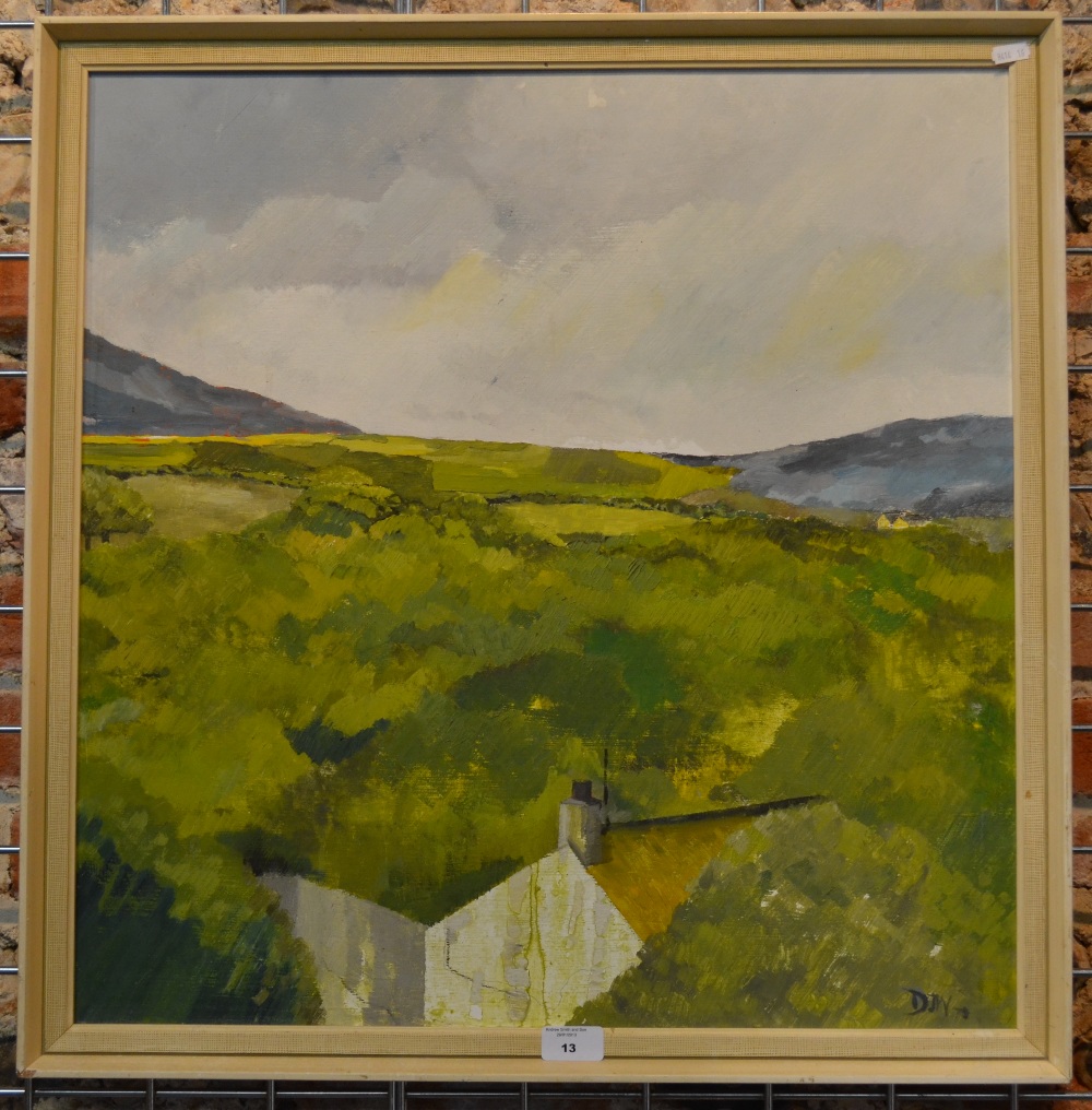 David Wylie - Welsh landscape, oil on board, signed with initials DJW and dated '75, 60 x 58 cm