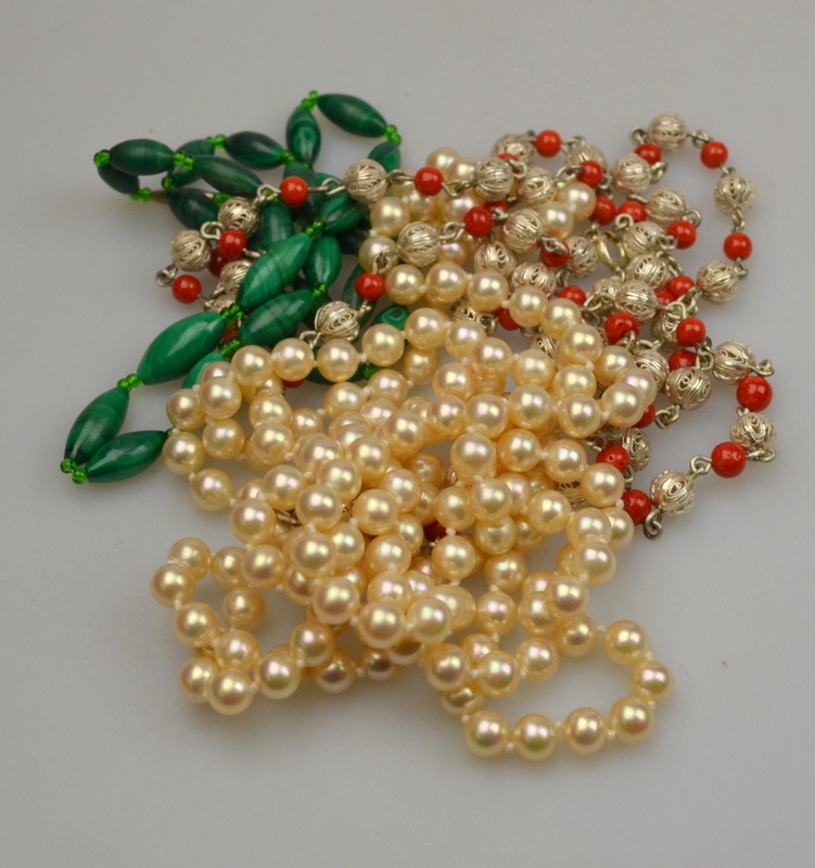 Opera length simulated pearl necklace, malachite bead necklace, filigree and red bead necklace