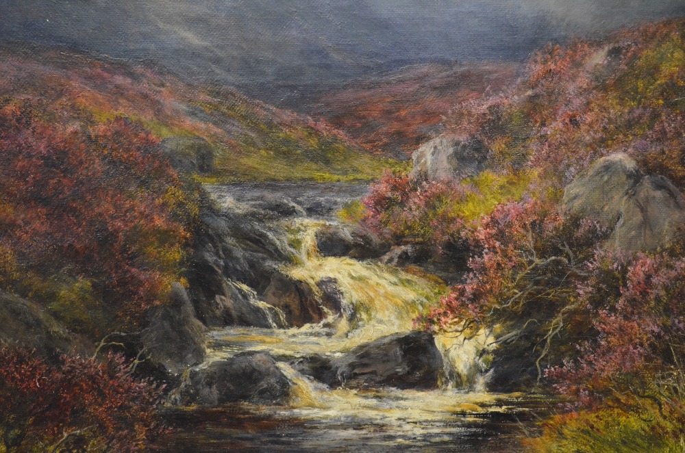 J. Fairthorn? - A tumbling waterfall, oil on canvas, indistinctly signed and dated 1906, 24 x 34