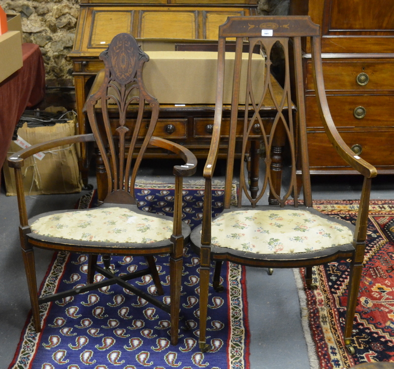 An Art Nouveau satinwood inlaid walnut elbow chair to/w another of differing design (2)