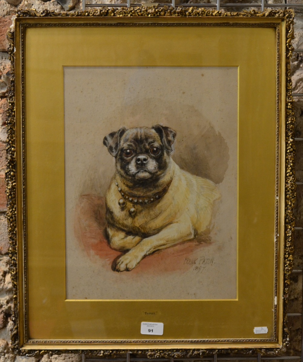 Frank Paton (1856-1909) - 'Topsy', watercolour study of a pug dog, signed and dated 1897, 39 x 29 cm