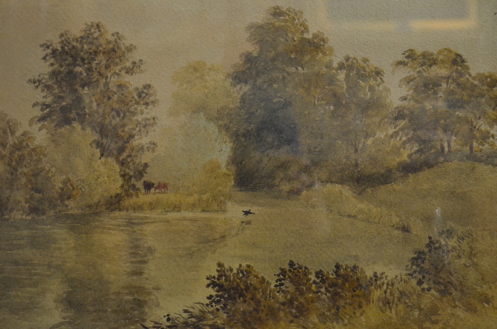 Peter de Wint attrib - A pastoral scene, watercolour, 24 x 32 cm, the reverse with various labels