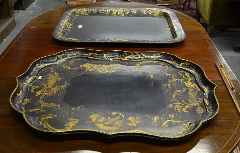 Two 19th century gilt decorated papier mache trays, one of rectangular form retailed by Clay, King