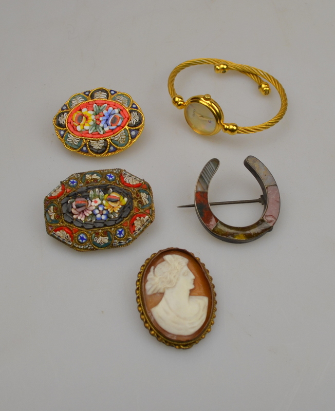 Collection of four brooches including two mosaic, one cameo, one agate and gilt metal 'Gucci' bangle