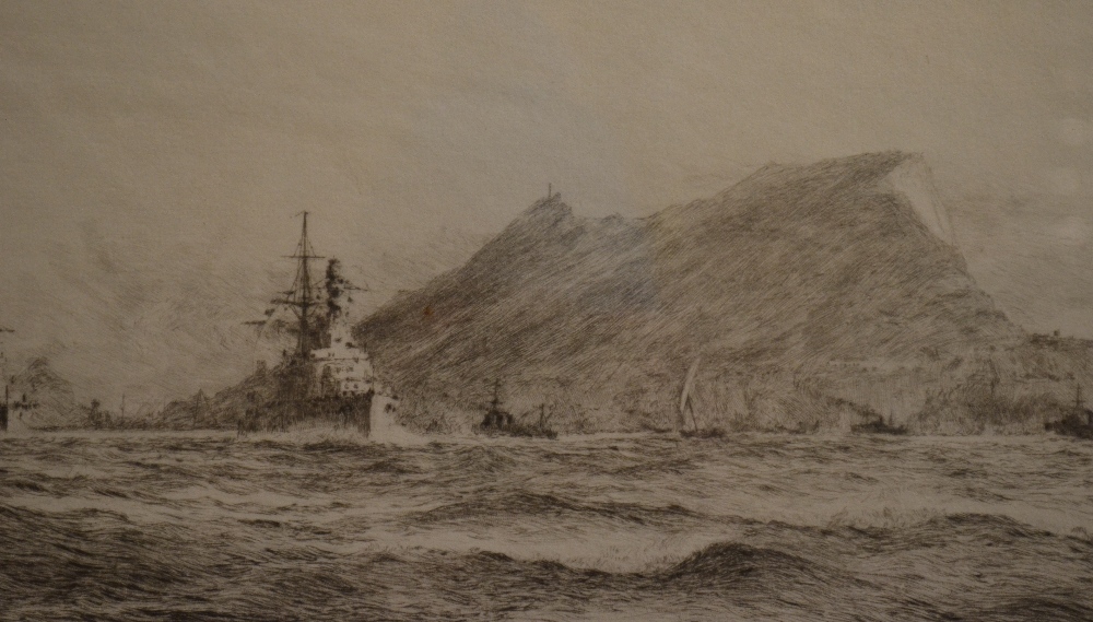 W.L Wyllie - Battleships off Gibraltar, etching, pencil signed to margin, 8.5 x 39 cm Condition