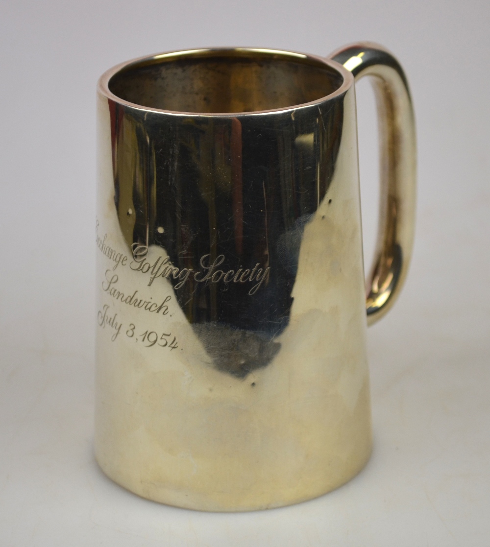 A silver pint mug of plain tapering form with 'C' handle, James Deakin & Sons, Sheffield 1916