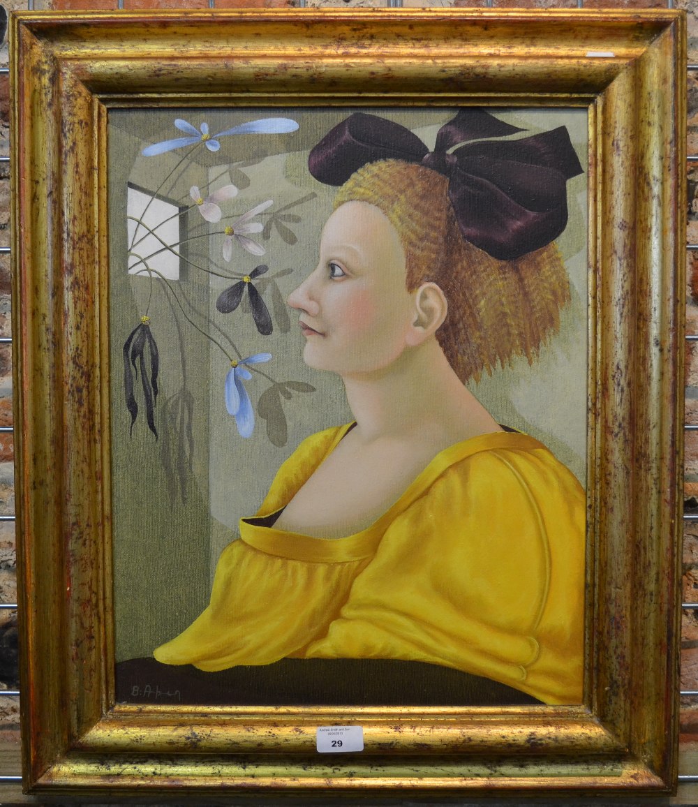 Bruna Aprea (b. 1945) - 'Finestra Fiorita', Portrait of a woman in a yellow robe, oil on canvas,