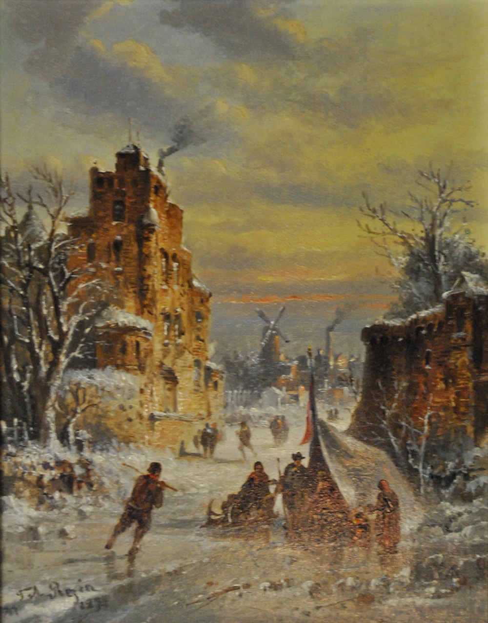 Felice A. Rezia (act. 1857-1907) - A pair of Continental frozen river town scenes with figures