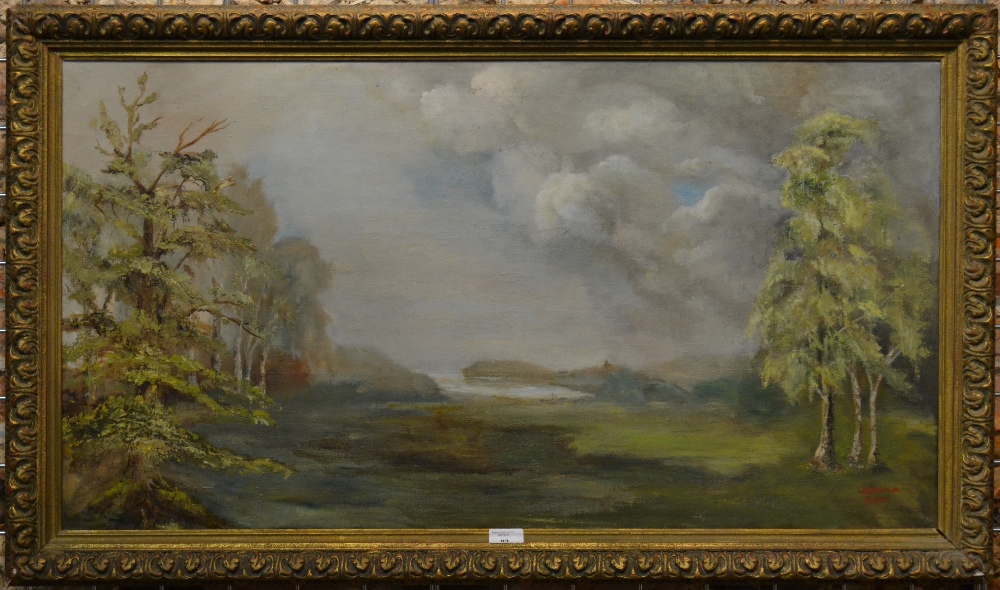 Jessica Piper, - The Marshes, landscape scene, oil on canvas, signed, 52 x 97 cm