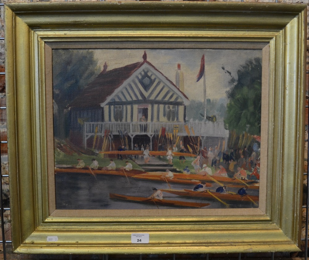 Kathleen M Lloyd - Rowing club with rowers on river, oil on canvas, signed, 34 x 44 cm, verso with