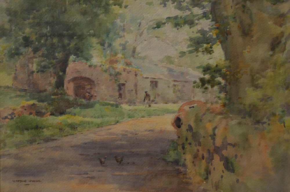 Watson Wood - 'Old Mill, Gordoch', pastoral scene with building, figure and chickens on a track,