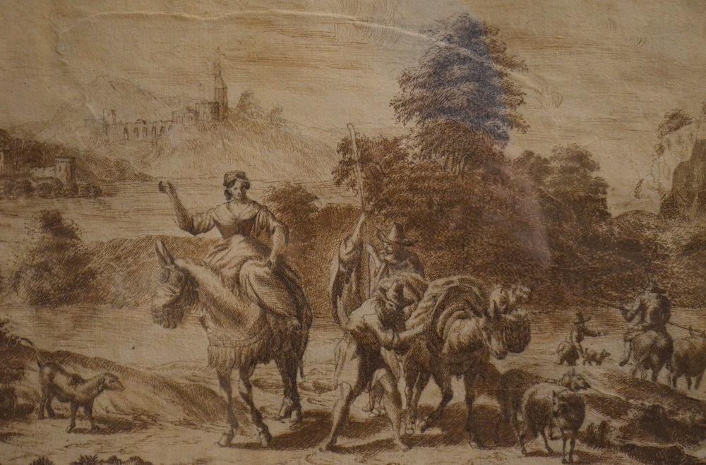 19th century Italian school - Figures in a landscape, circa 1850, pen and ink, 24 x 33 cm