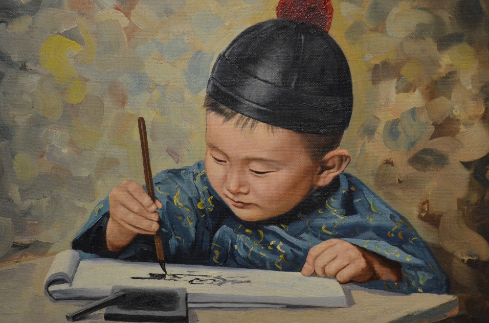 David Cheng - Chinese boy learning calligraphy, oil on canvas, signed, dated Hong Kong 1963, 34 x 44