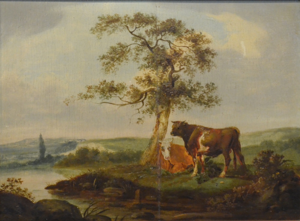 19th century English school - Cows beneath a tree in a pastoral landscape, oil on panel, 21 x 29