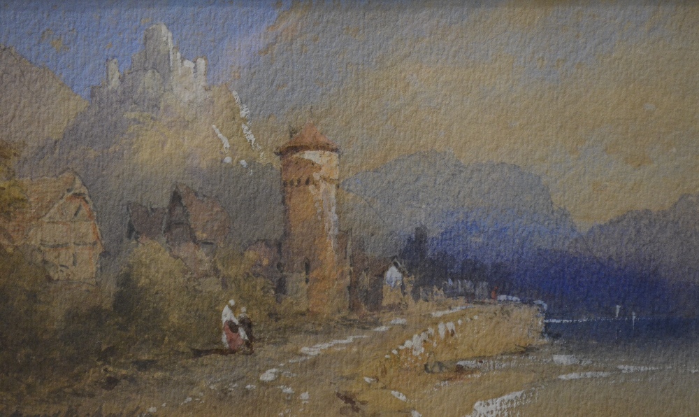 Edward Richardson (1810-63) - An Alpine scene with figures by a tower, watercolour, signed, 11 x