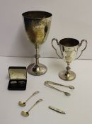 A pair of George III silver mustard spoons, silver cufflinks, epns, trophy cups and tongs
