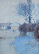 Tom E Mostyn A road into town with a pond in the foreground Signed 50.5 x 37cm