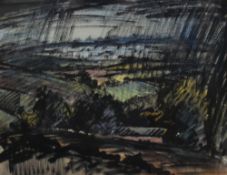 Maurice Barnes From Henllys towards Cwmbran, stormy weather Watercolour Label verso 28 x 35cm