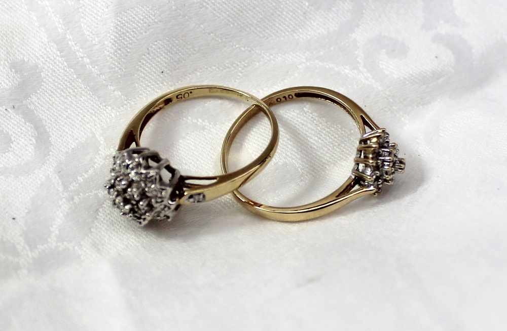 A diamond and white metal cluster ring set to a 9ct yellow gold shank, together with another diamond