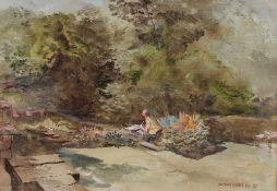 Arthur Miles Sketching at Craig Y Parc Watercolour Signed and dated `85 and label verso 25.5 x 37cm