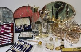 Assorted electroplated items including cased sets of flatwares, trays, claret jug, hip flasks,