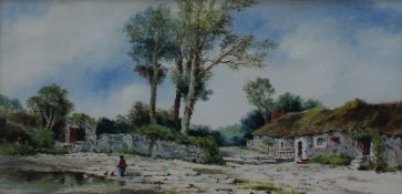 S L Kilpack A cottage with a pond in the forecourt Watercolour Signed 15 x 31.5cm