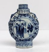 A Chinese porcelain blue and white moon flask, with a cylindrical neck, dragon handles and an oval