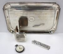 A George VI silver dressing table tray of rectangular form with line decoration, Birmingham, 1938,