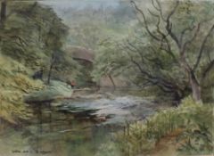 Arthur Miles The Taff at Pontygwaith Watercolour Signed and dated `79 Label verso 27 x 37cm