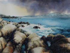 Helen Lush Rain Cloud, Sea, Rocks Watercolour Signed and dated 2002 Label verso 26.5 x 35 cm