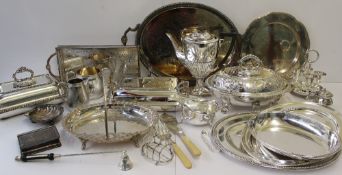 A large electroplated entree dish and cover together with other entree dishes and covers, trays,