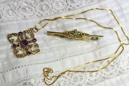 A peridot and seed pearl  bar brooch to a 15ct gold setting, together with an amethyst and seed