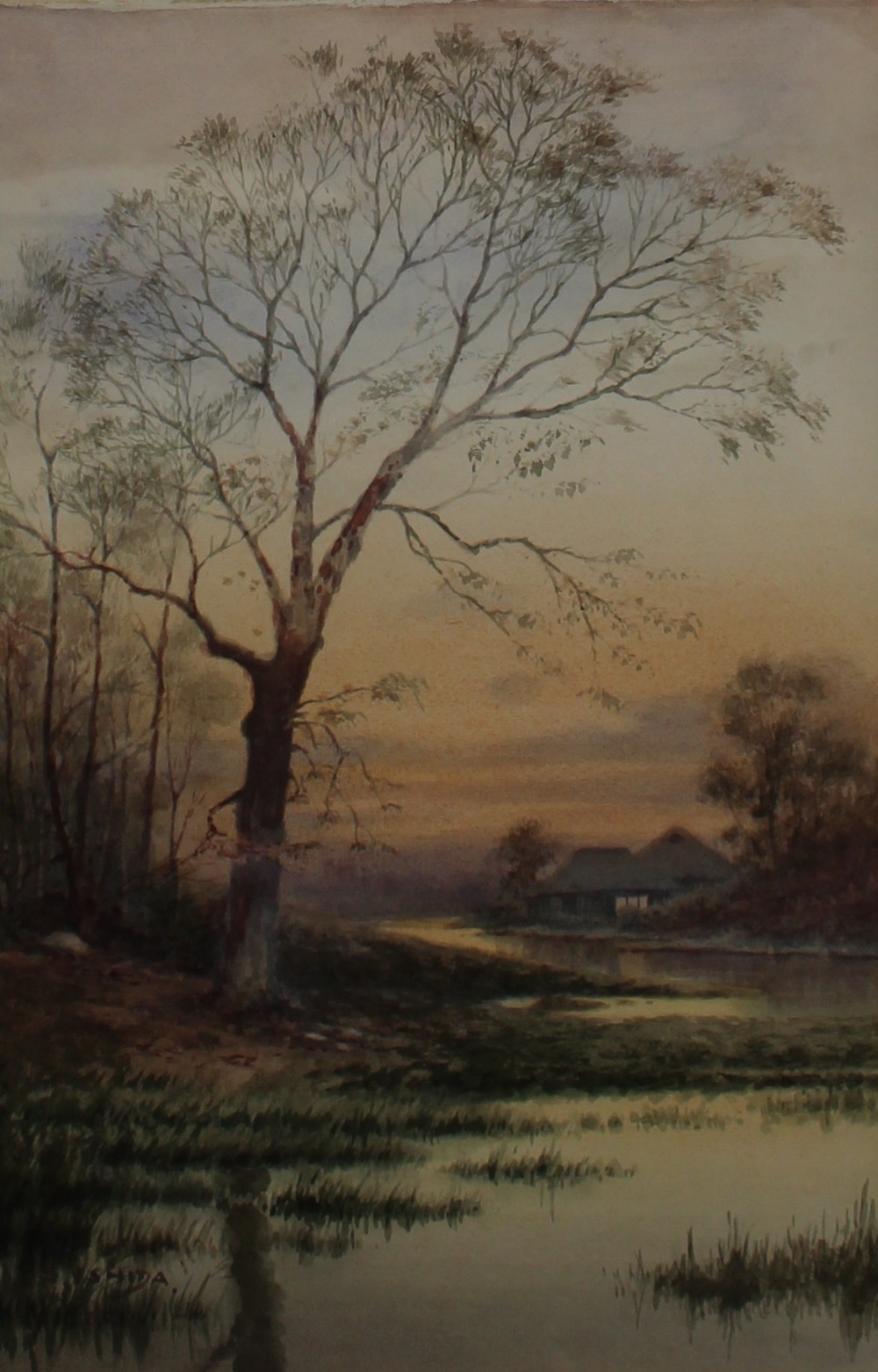 S. Ishida  A river landscape with a tree in the foreground and a cottage beyond Watercolour Signed