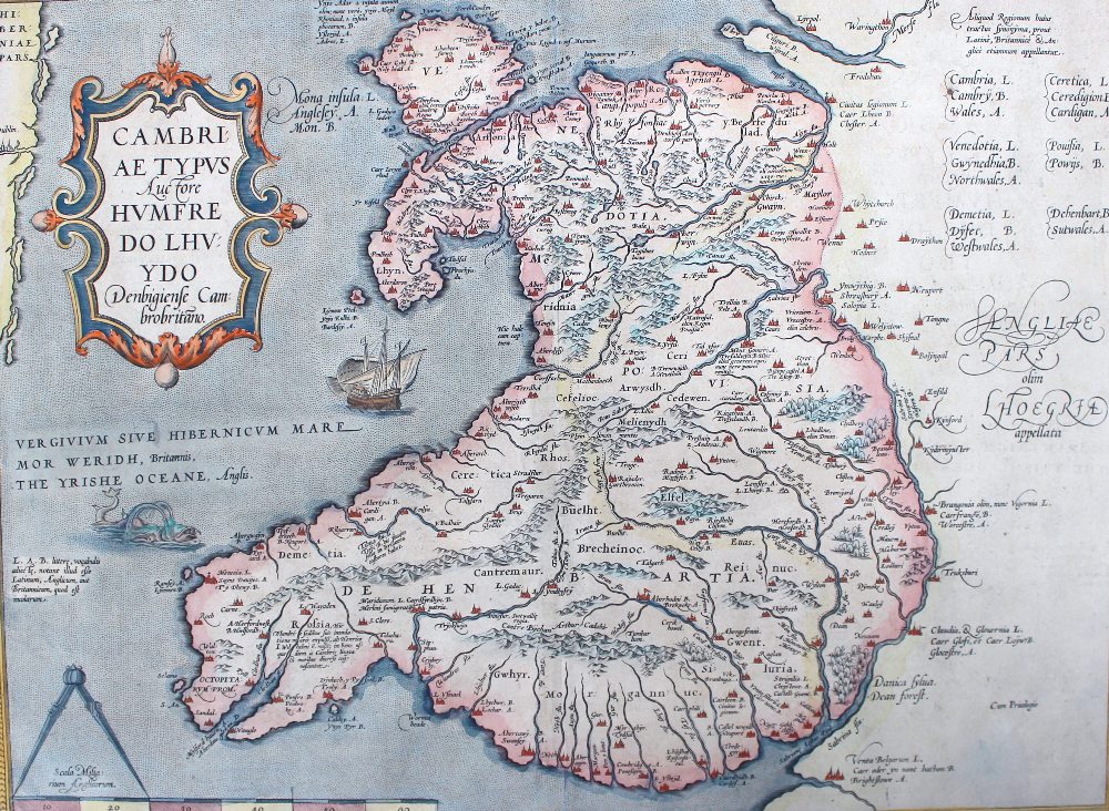 A 16th century Map of "Cambriae Typus" later hand coloured, 44 by  56 cm