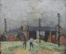 Maurice Barnes A railway bridge with children in the foreground Oil on board 31 x 37.5cm