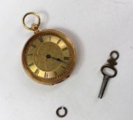 An 18ct yellow gold open faced key wound fob watch the gilt dial with Roman numerals, the movement