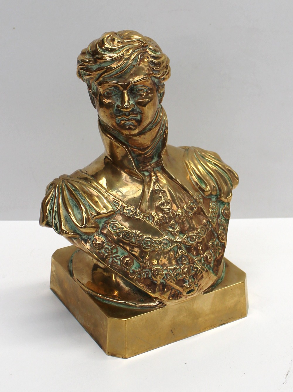 A bronze portrait bust possibly of the Duke of Wellington on a square section base, 21cm high