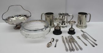 Two silver trophy cups together with silver handled knives, assorted epns etc