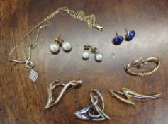 Two pairs of pearl earrings, together with another pair of earrings, necklace and four brooches