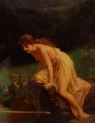A crystoleum of a semi nude young lady peering into a pond 24 x 19cm Copyright 1894, Franz