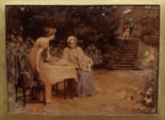 A crystoleum depicting a mother and daughter in a garden and a wounded soldier coming down the