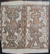 An Aboriginal bark painting with repeated tribal decoration, 79 x 72cm
