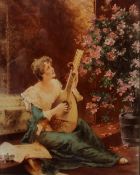 A crystoleum of a young maiden playing a lute in an interior scene, 36 x 28cm F Hanestaengl, 1899