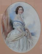 19th century British School Three quarter length portrait of a young lady in a white flowing dress