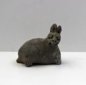 A Chinese grey hollow cast terracotta figurine of a zodiac hare, 9.5 cm high, possibly Yuan Dynasty