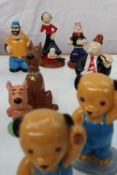A collection of Wade figures including two No.5 Sooty figures, Popeye, Olive Oyl & Sweet Pea,